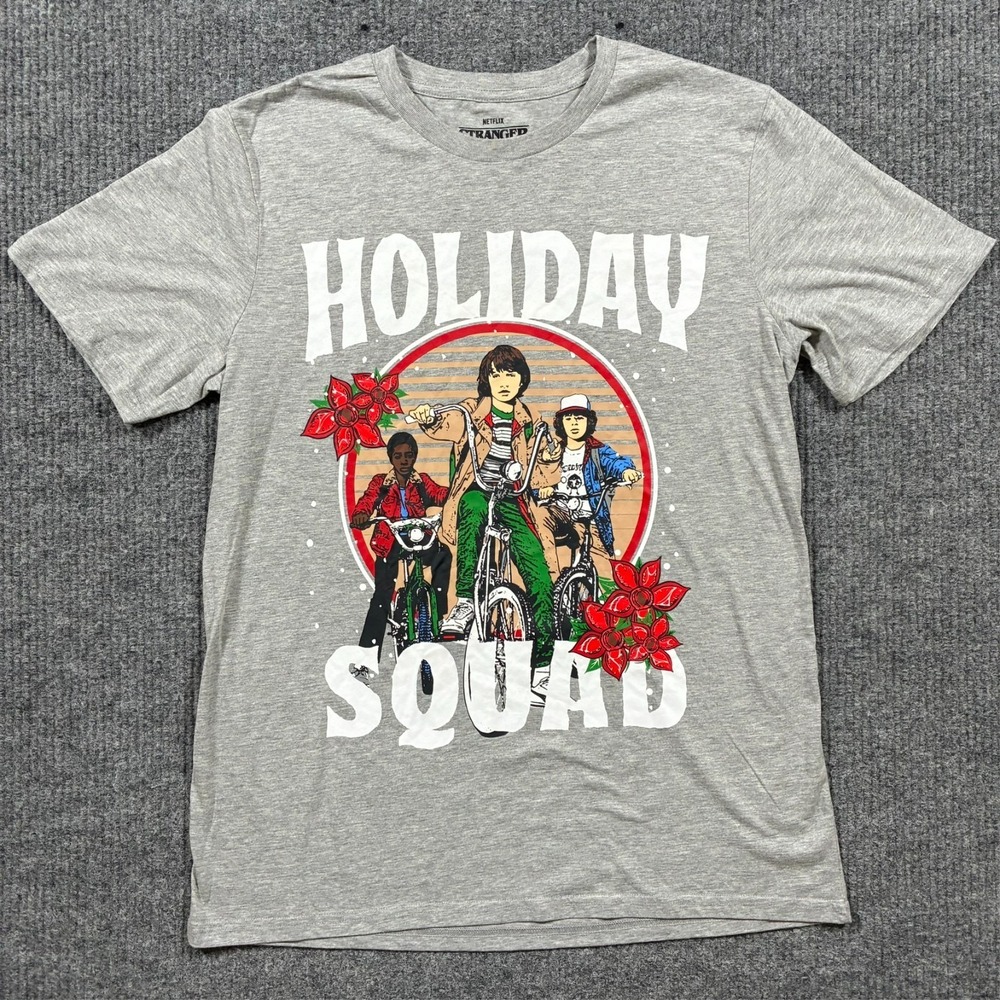 Netflix Stranger Things Mens Holiday Squad T-Shirt L Gray Graphic TV Show Tee